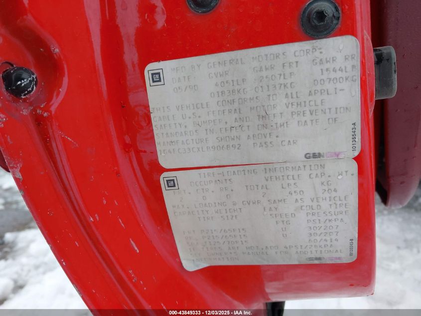 1990 Buick Reatta VIN: 1G4EC33CXLB906892 Lot: 43849333