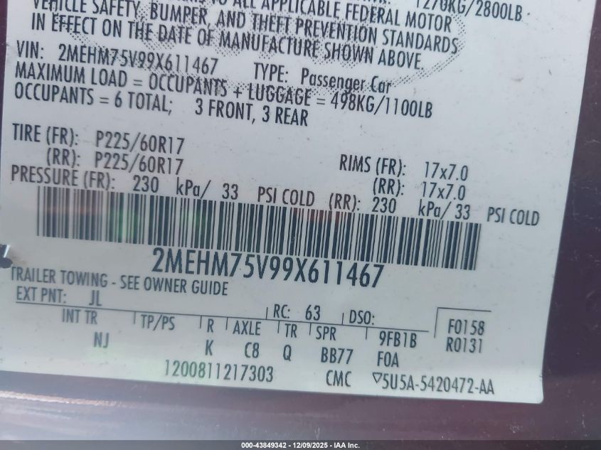 2009 Mercury Grand Marquis Ls (Fleet Only) VIN: 2MEHM75V99X611467 Lot: 43849342