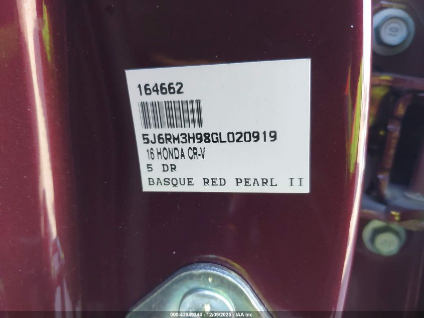 2016 Honda Cr-V Touring VIN: 5J6RM3H98GL020919 Lot: 43849344