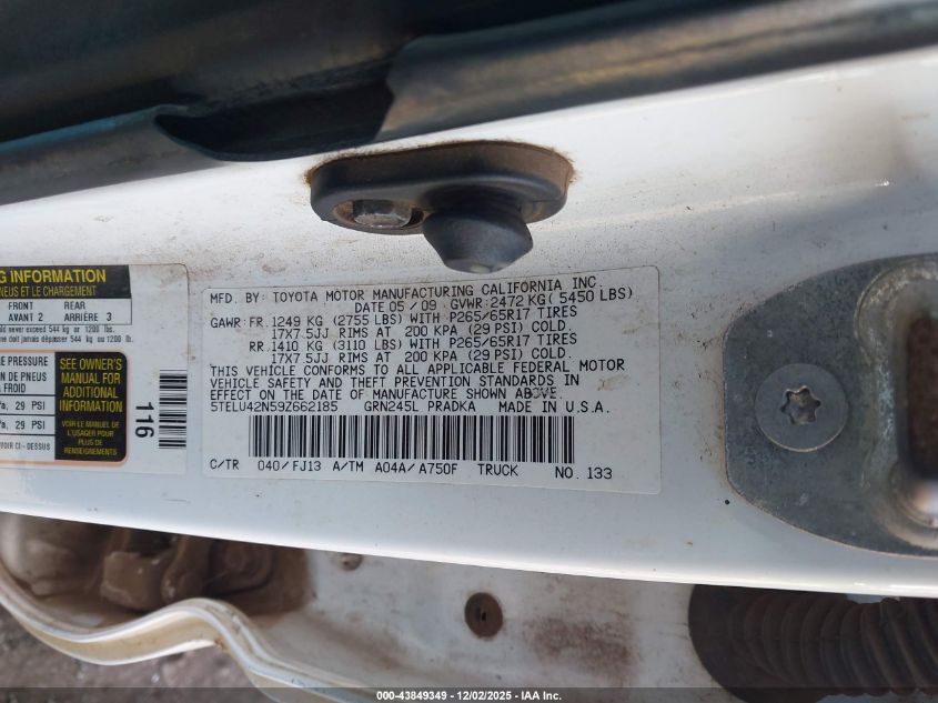 2009 Toyota Tacoma Base V6 VIN: 5TELU42N59Z662185 Lot: 43849349
