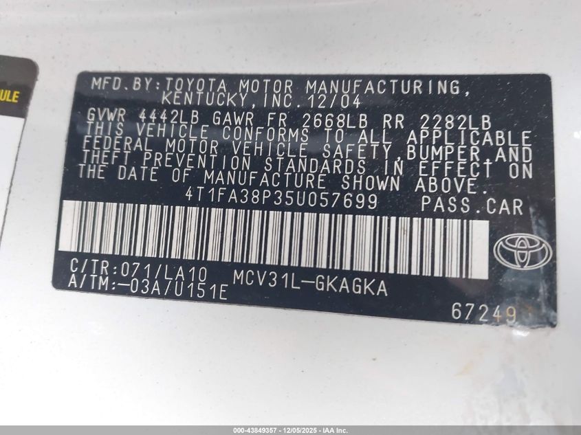 2005 Toyota Camry Solara Sle VIN: 4T1FA38P35U057699 Lot: 43849357