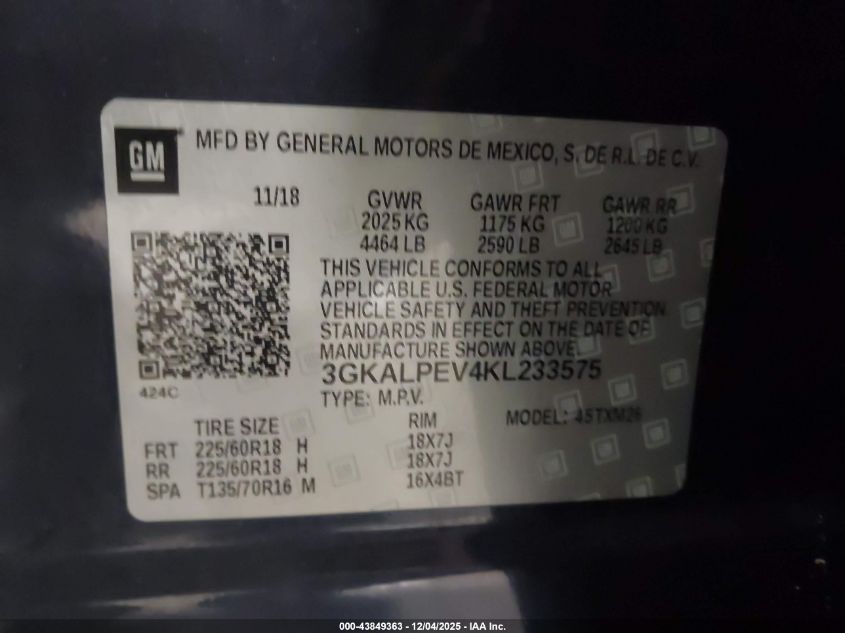 2019 GMC Terrain Slt VIN: 3GKALPEV4KL233575 Lot: 43849363