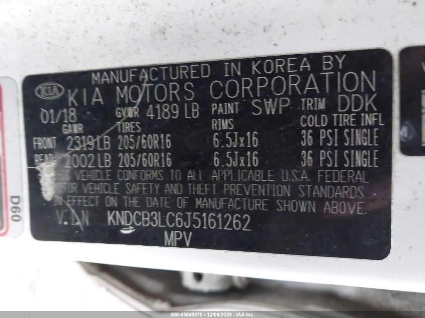 2018 Kia Niro Lx VIN: KNDCB3LC6J5161262 Lot: 43849370