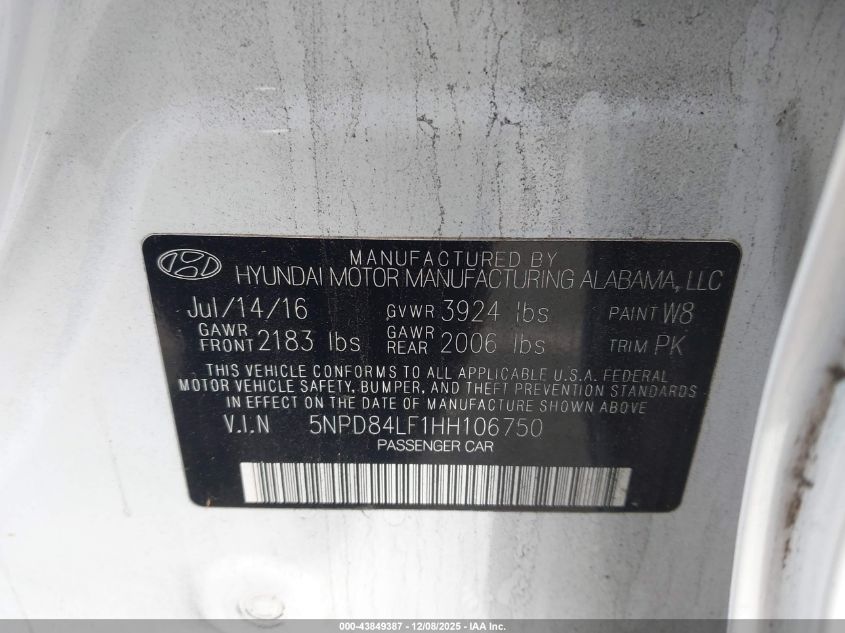 2017 Hyundai Elantra Se VIN: 5NPD84LF1HH106750 Lot: 43849387