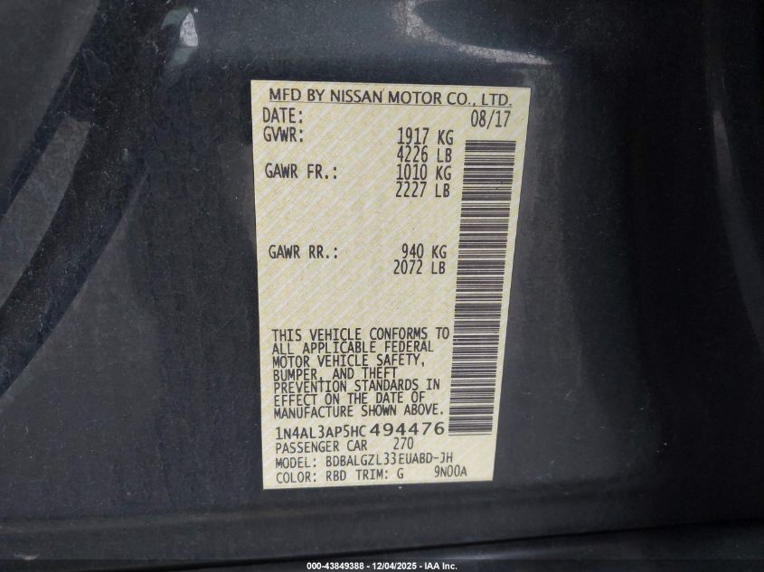 2017 Nissan Altima 2.5 S VIN: 1N4AL3AP5HC494476 Lot: 43849388