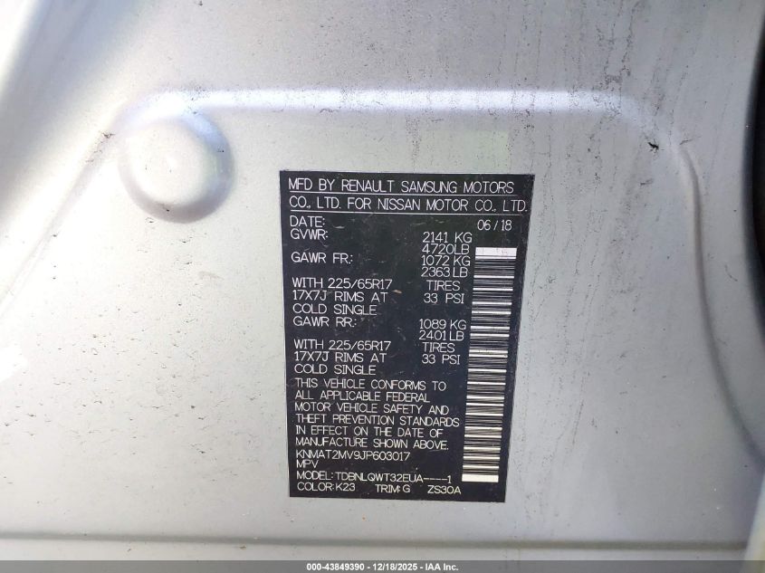 2018 Nissan Rogue Sv VIN: KNMAT2MV9JP603017 Lot: 43849390