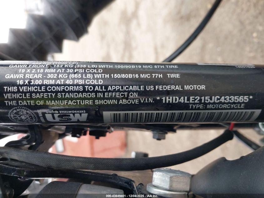 2018 Harley-Davidson Xl883 Iron 883 VIN: 1HD4LE215JC433565 Lot: 43849401