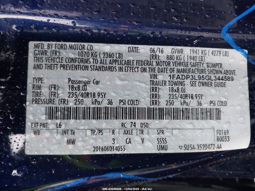 2016 Ford Focus St VIN: 1FADP3L95GL344589 Lot: 43849406