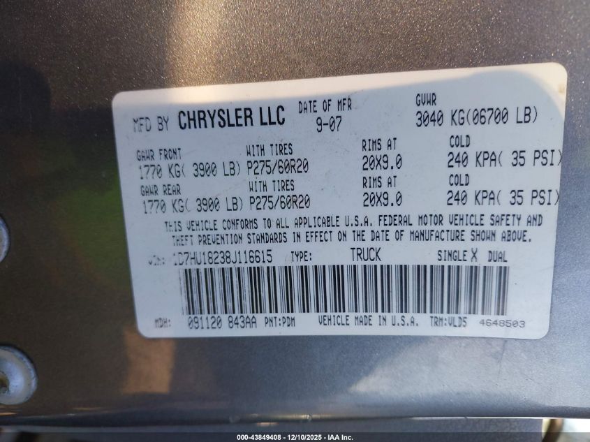 2008 Dodge Ram 1500 Laramie VIN: 1D7HU18238J116615 Lot: 43849408