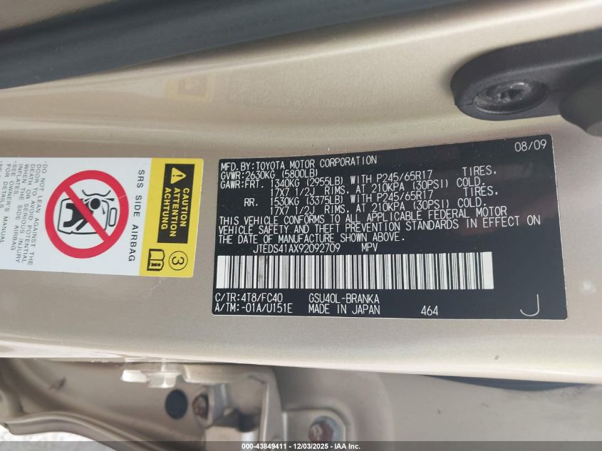 2009 Toyota Highlander VIN: JTEDS41AX92092709 Lot: 43849411