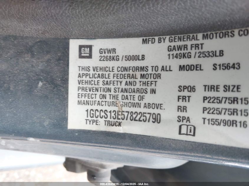 2007 Chevrolet Colorado Lt VIN: 1GCCS13E578225790 Lot: 43849415