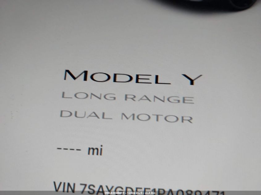 2023 Tesla Model Y Awd/Long Range Dual Motor All-Wheel Drive VIN: 7SAYGDEE1PA089471 Lot: 43849419