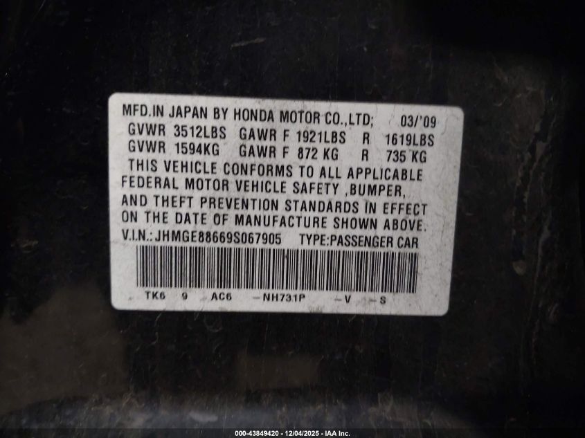 2009 Honda Fit Sport VIN: JHMGE88669S067905 Lot: 43849420