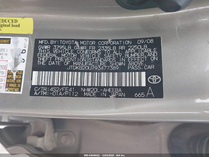 2009 Toyota Prius Touring VIN: JTDKB20U793477389 Lot: 43849422