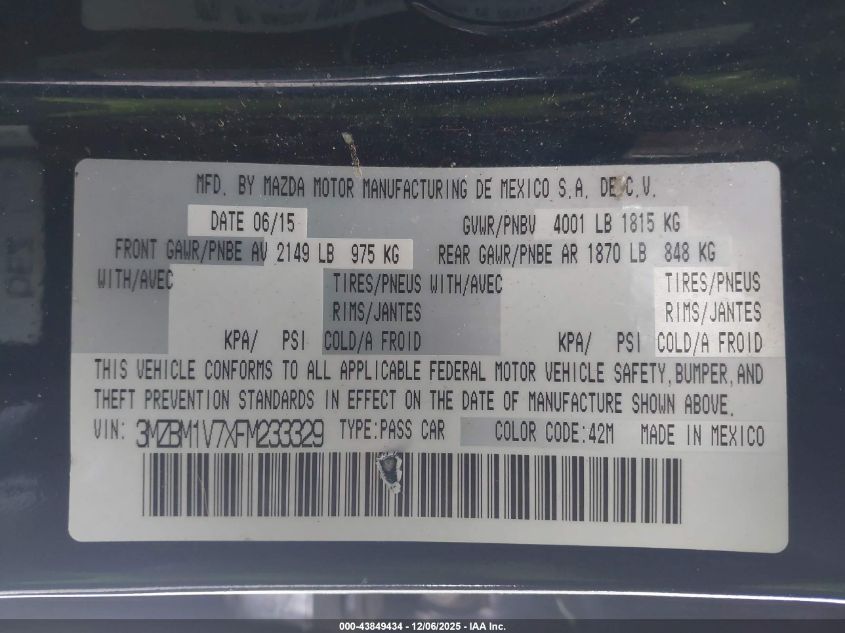 2015 Mazda Mazda3 I Touring VIN: 3MZBM1V7XFM233329 Lot: 43849434