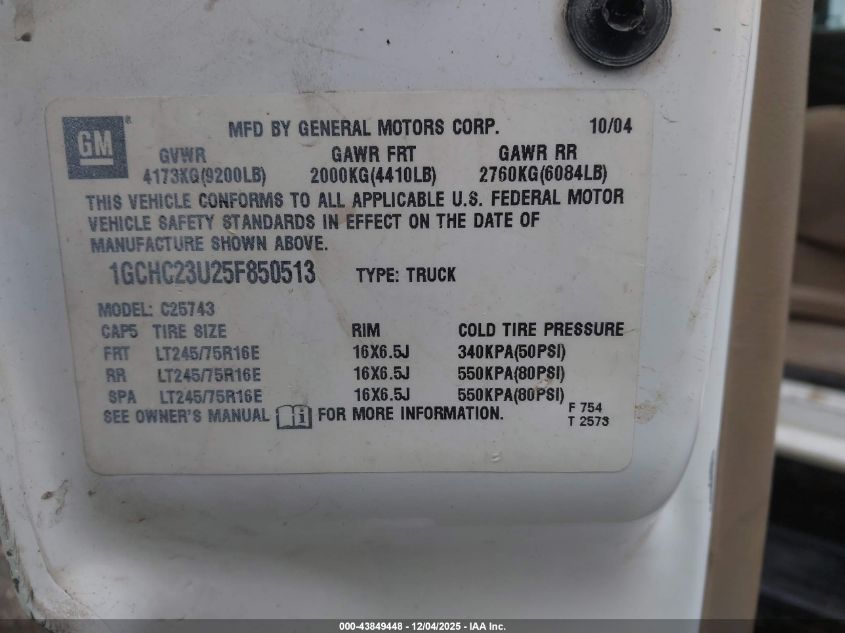 2005 Chevrolet Silverado 2500Hd Ls VIN: 1GCHC23U25F850513 Lot: 43849448