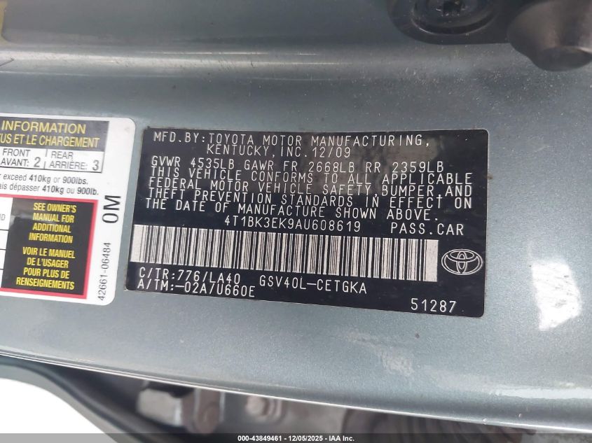 2010 Toyota Camry Xle V6 VIN: 4T1BK3EK9AU608619 Lot: 43849461