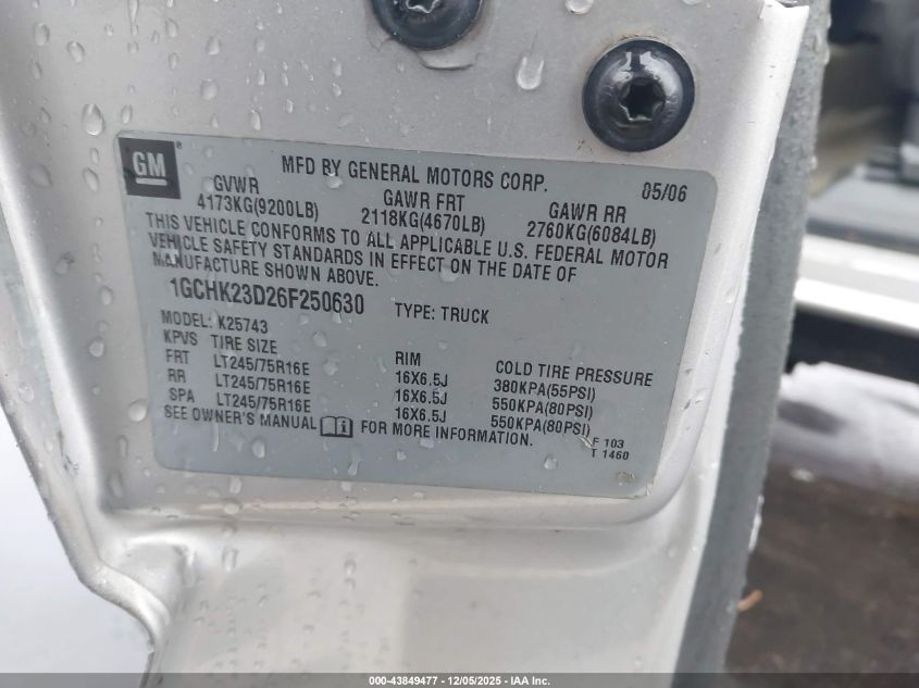 2006 Chevrolet Silverado 2500Hd Lt1 VIN: 1GCHK23D26F250630 Lot: 43849477