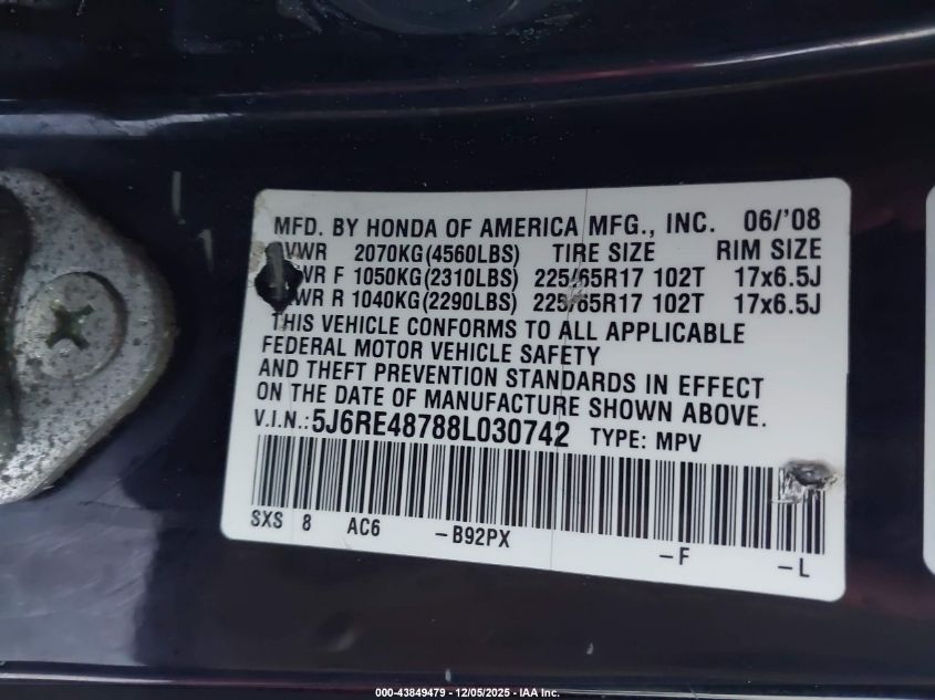 2008 Honda Cr-V Ex-L VIN: 5J6RE48788L030742 Lot: 43849479