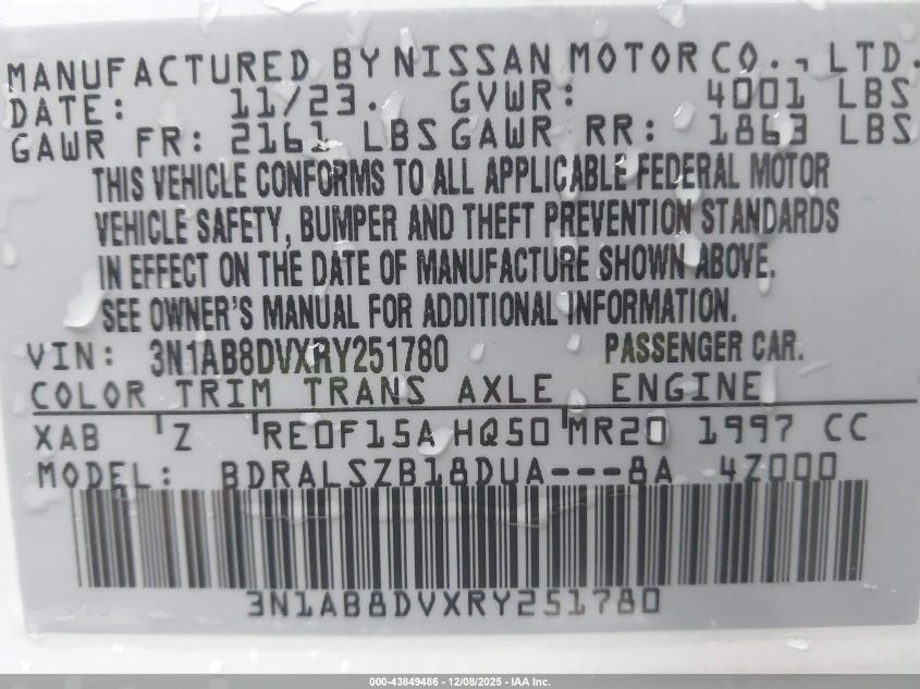 2024 Nissan Sentra Sr Xtronic Cvt VIN: 3N1AB8DVXRY251780 Lot: 43849486