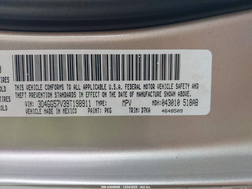 2009 Dodge Journey Sxt VIN: 3D4GG57V39T198911 Lot: 43849489