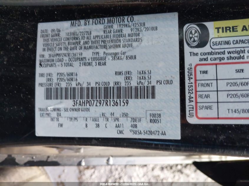 2007 Ford Fusion Se VIN: 3FAHP07Z97R136159 Lot: 43849490