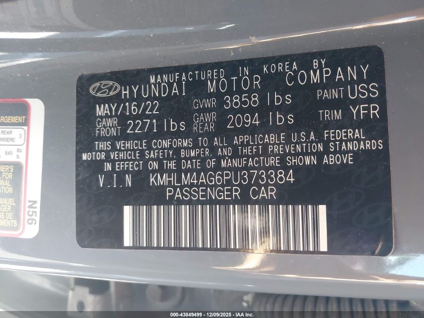 2023 Hyundai Elantra Sel VIN: KMHLM4AG6PU373384 Lot: 43849499