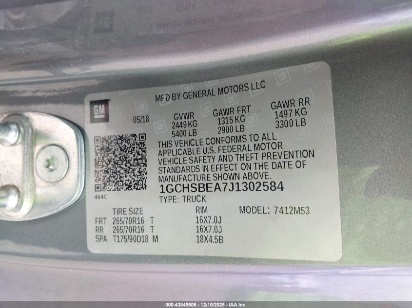 2018 Chevrolet Colorado Wt VIN: 1GCHSBEA7J1302584 Lot: 43849506