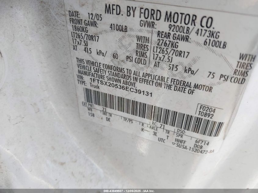 2006 Ford F-250 Lariat/Xl/Xlt VIN: 1FTSX20536EC39131 Lot: 43849507