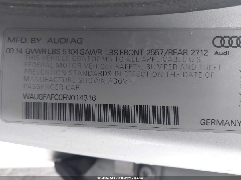 2015 Audi A6 2.0T Premium VIN: WAUGFAFC0FN014316 Lot: 43849513