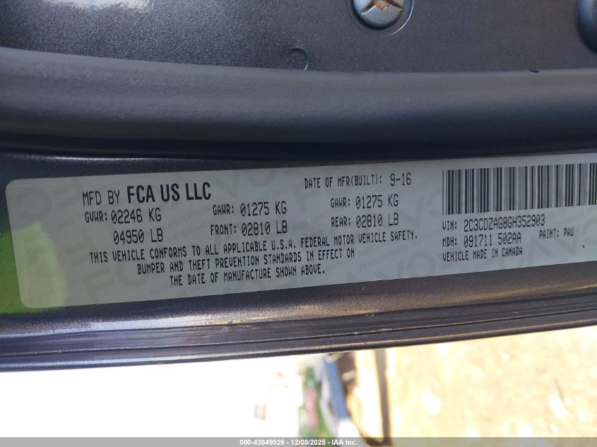 2016 Dodge Challenger Sxt VIN: 2C3CDZAG8GH352903 Lot: 43849526