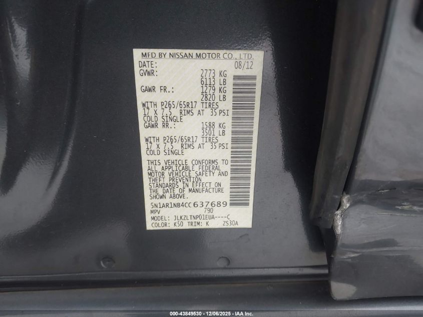 2012 Nissan Pathfinder Sv VIN: 5N1AR1NB4CC637689 Lot: 43849530