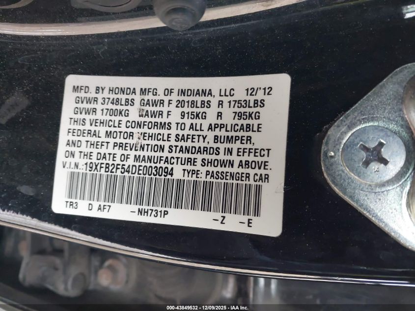 2013 Honda Civic Lx VIN: 19XFB2F54DE003094 Lot: 43849532