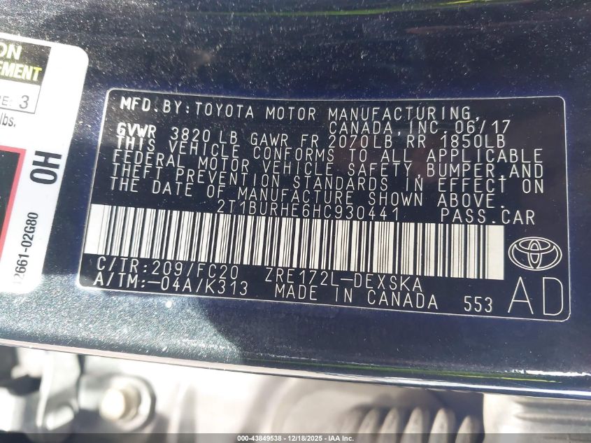 2017 Toyota Corolla Se VIN: 2T1BURHE6HC930441 Lot: 43849538