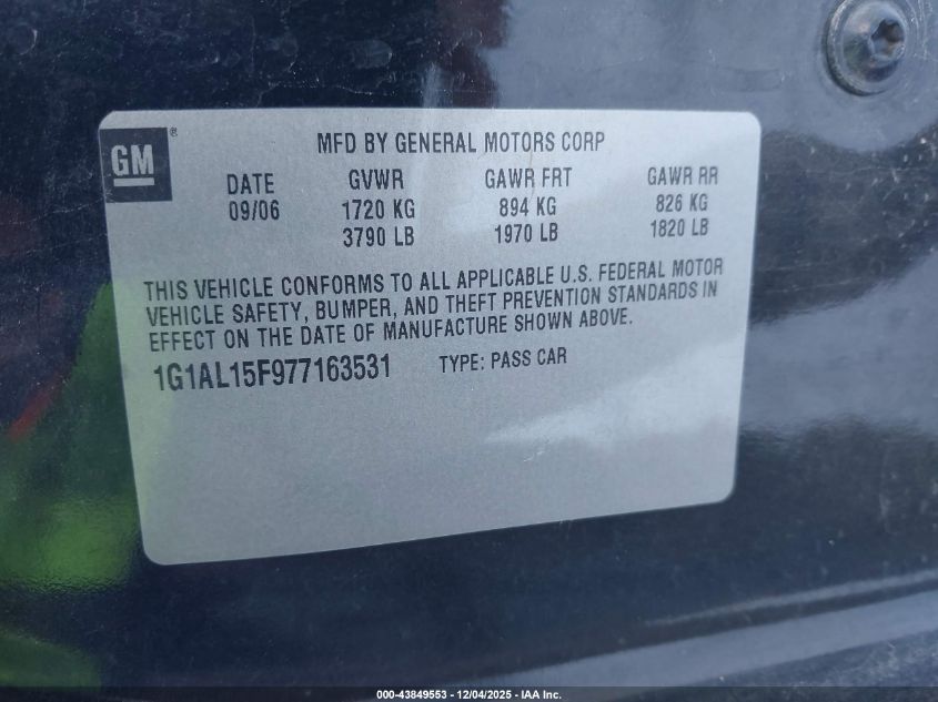 2007 Chevrolet Cobalt Lt VIN: 1G1AL15F977163531 Lot: 43849553