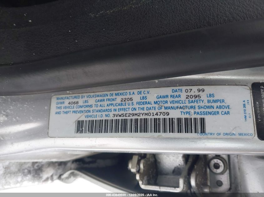 2000 Volkswagen Jetta Gls Vr6 VIN: 3VWSE29M2YM014709 Lot: 43849559