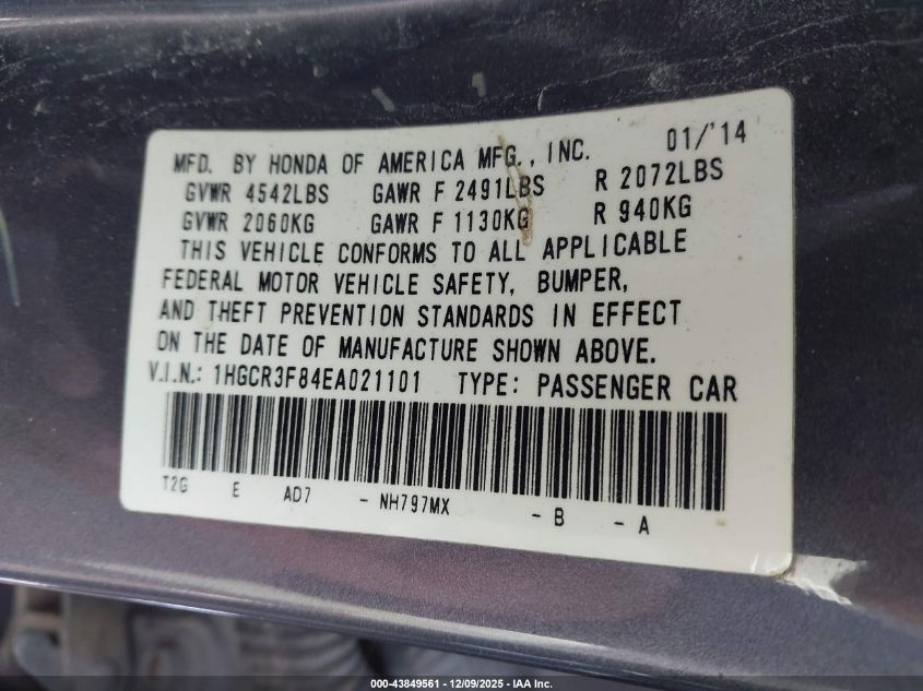 2014 Honda Accord Ex-L V-6 VIN: 1HGCR3F84EA021101 Lot: 43849561