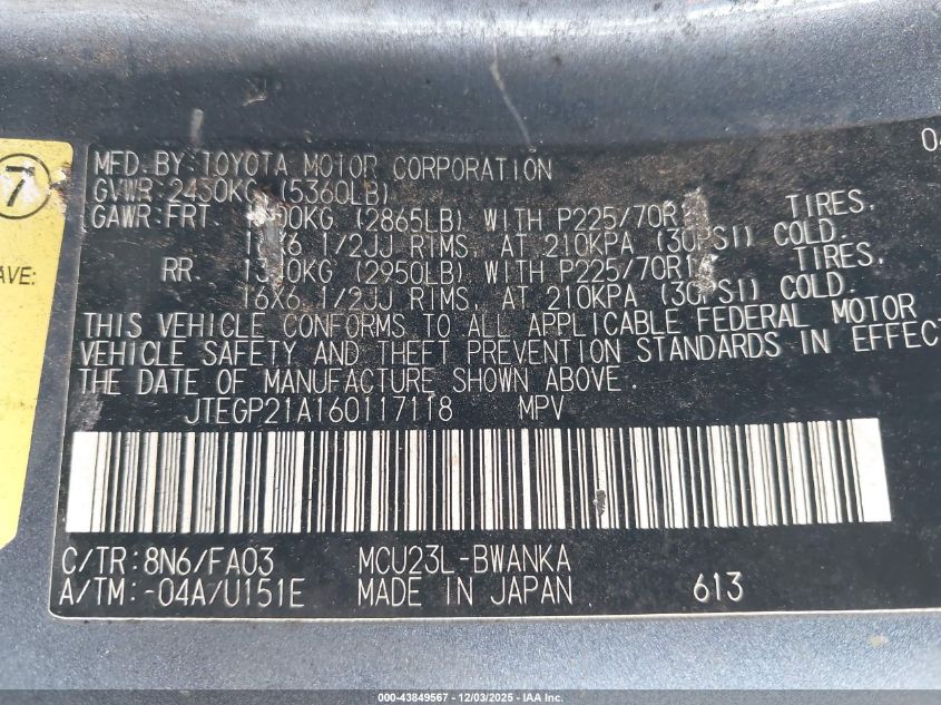 2006 Toyota Highlander V6 VIN: JTEGP21A160117118 Lot: 43849567