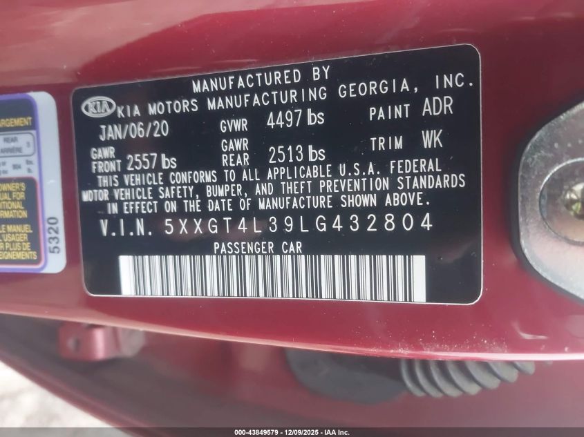 2020 Kia Optima S VIN: 5XXGT4L39LG432804 Lot: 43849579