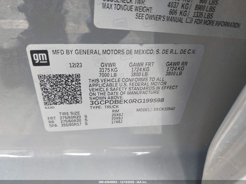 2024 Chevrolet Silverado 1500 4Wd Short Bed Custom VIN: 3GCPDBEK0RG199598 Lot: 43849582