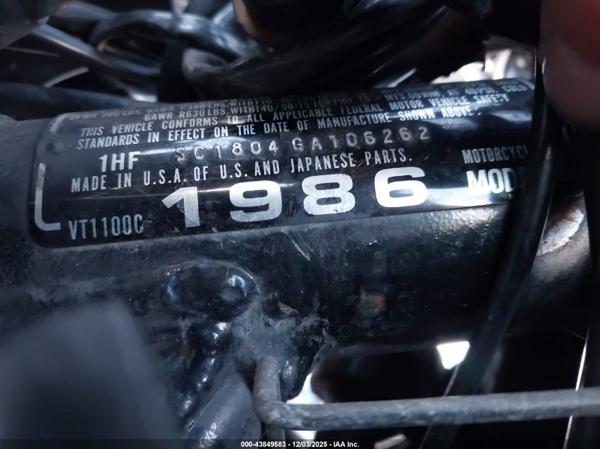 1986 Honda Vt1100 C VIN: 1HFSC1804GA106262 Lot: 43849583