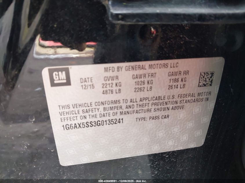 2016 Cadillac Cts Luxury Collection VIN: 1G6AX5SS3G0135241 Lot: 43849591