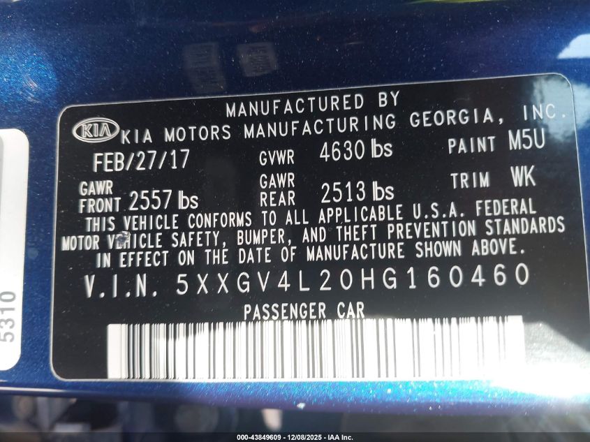 2017 Kia Optima Sxl Turbo VIN: 5XXGV4L20HG160460 Lot: 43849609