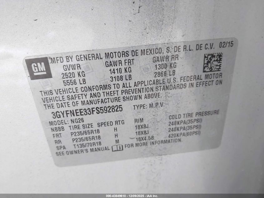 2015 Cadillac Srx Luxury Collection VIN: 3GYFNEE33FS592825 Lot: 43849610