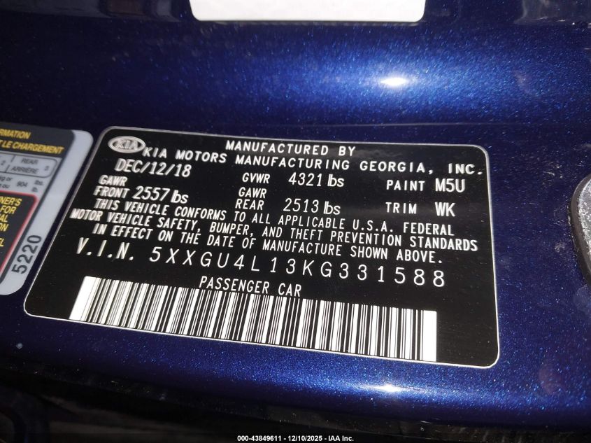 2019 Kia Optima Ex VIN: 5XXGU4L13KG331588 Lot: 43849611