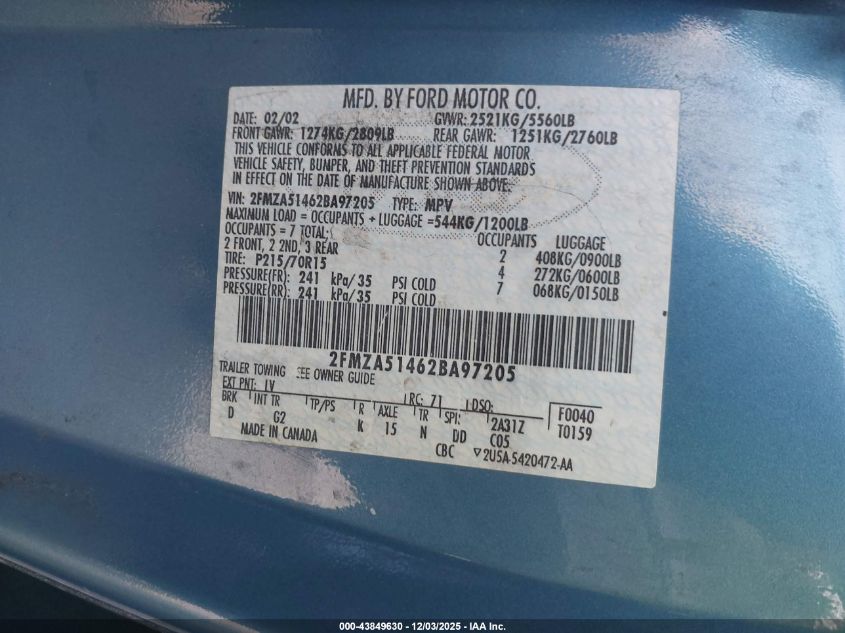 2002 Ford Windstar Lx VIN: 2FMZA51462BA97205 Lot: 43849630