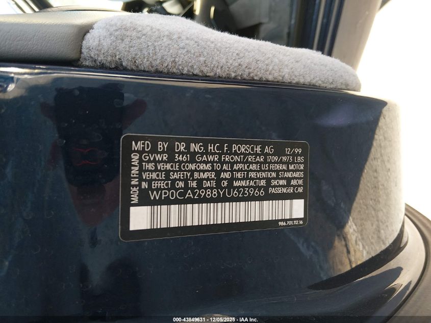 2000 Porsche Boxster VIN: WP0CA2988YU623966 Lot: 43849631