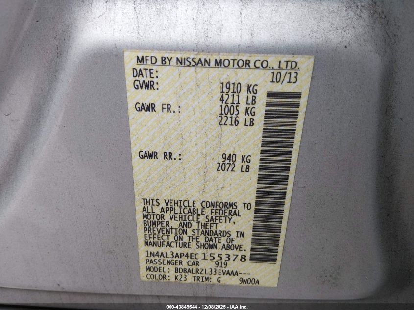 2014 Nissan Altima 2.5 S VIN: 1N4AL3AP4EC155378 Lot: 43849644