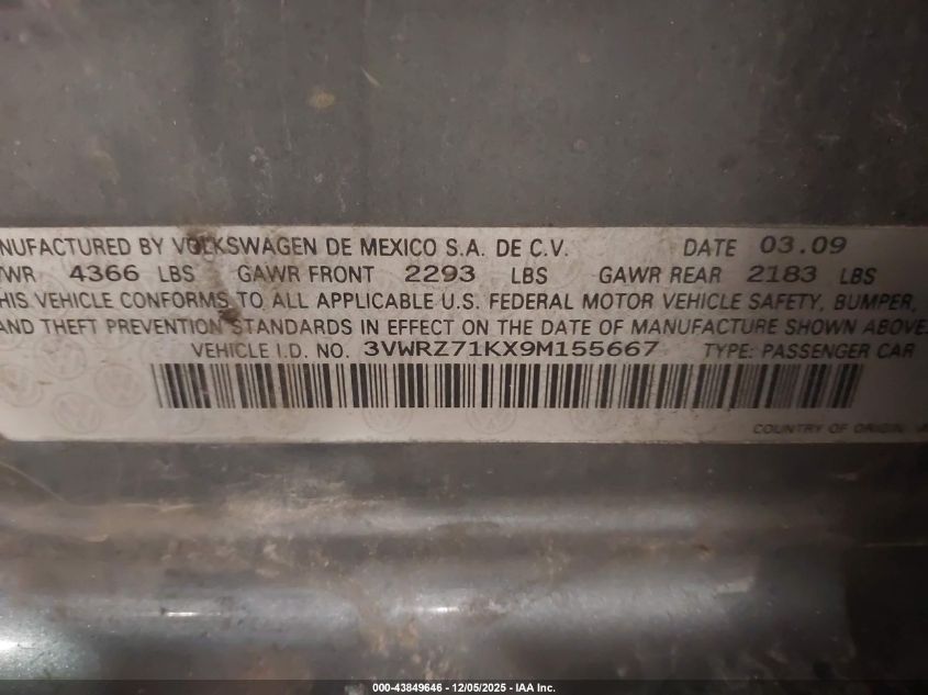 2009 Volkswagen Jetta Se VIN: 3VWRZ71KX9M155667 Lot: 43849646