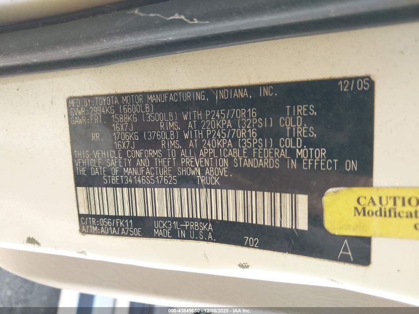 2006 Toyota Tundra Sr5 V8 VIN: 5TBET34146S517625 Lot: 43849650